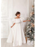 Puff Sleeves Ivory Satin Flower Girl Dress With Beaded Belt